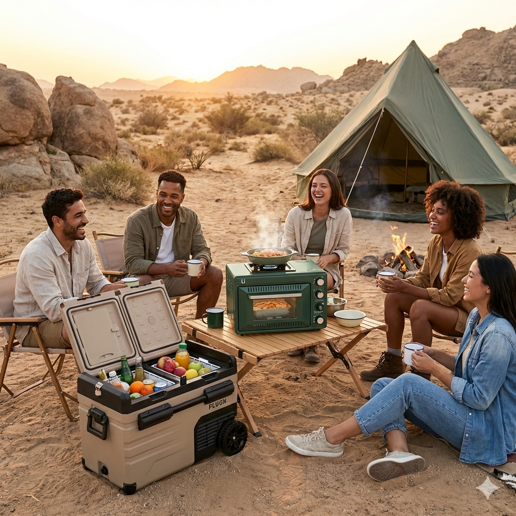 Friends cooking and baking at a desert campsite using a FLUGN portable stove and oven, with a portable fridge nearby stocked with snacks.