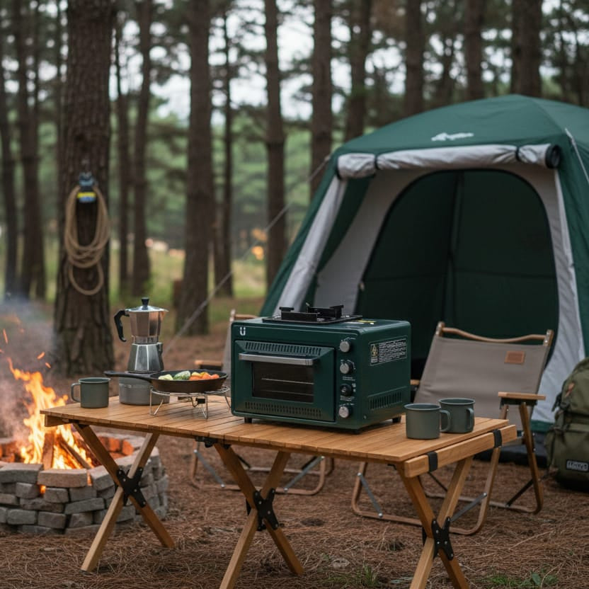 Green portable oven on a table at a forest campsite. 