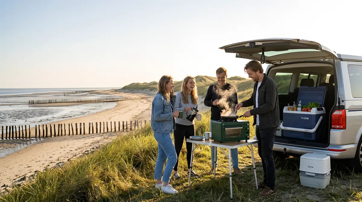 Four people camping outdoors by a beach at sunset, with an open white van showing a green portable stove, cooler, and refreshments. The scene includes grassy dunes, ocean, and wooden grooved barriers in the background.