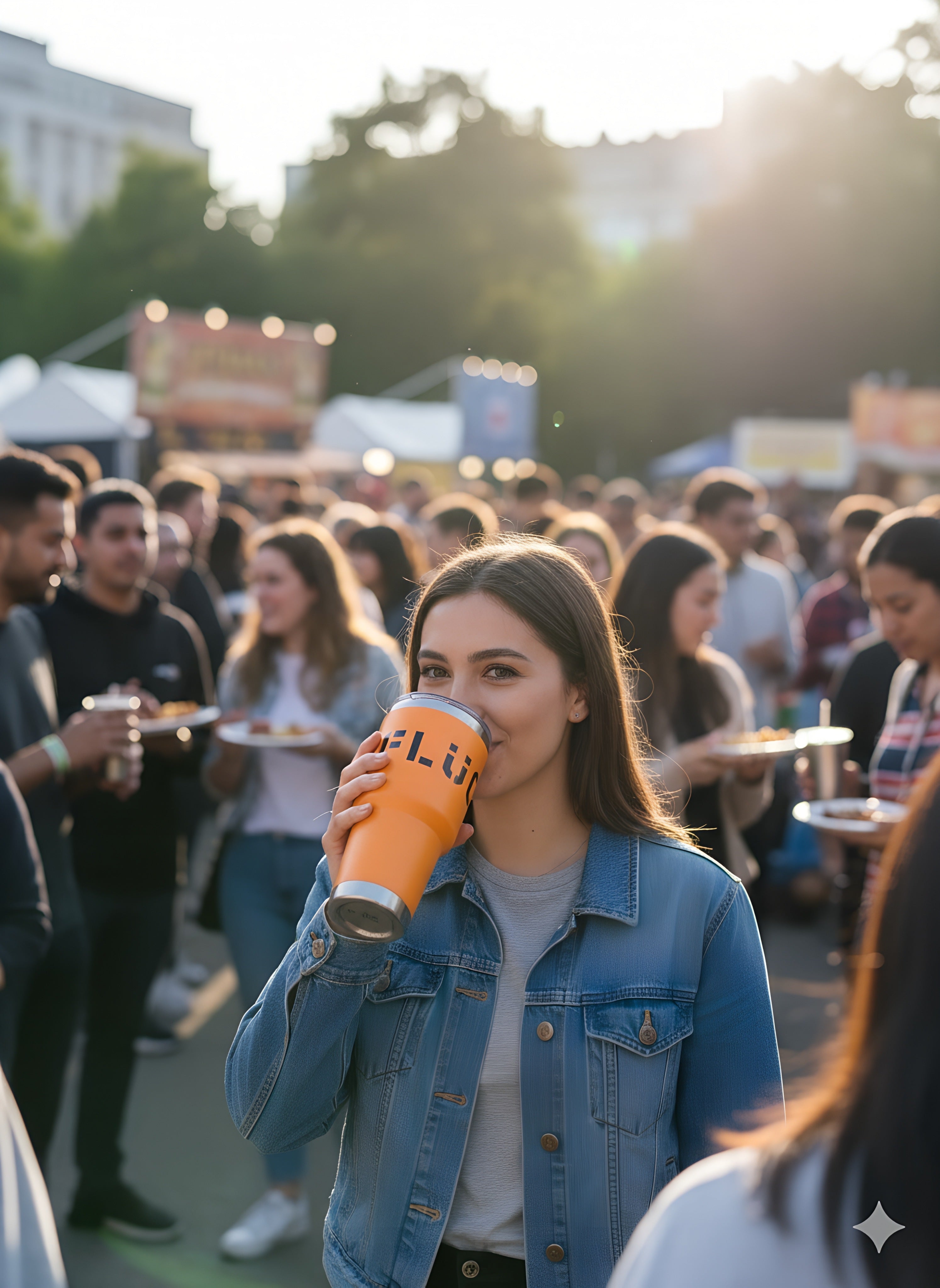 Woman drinking from an orange cup with 'FLUGN' branding at a crowded outdoor event.