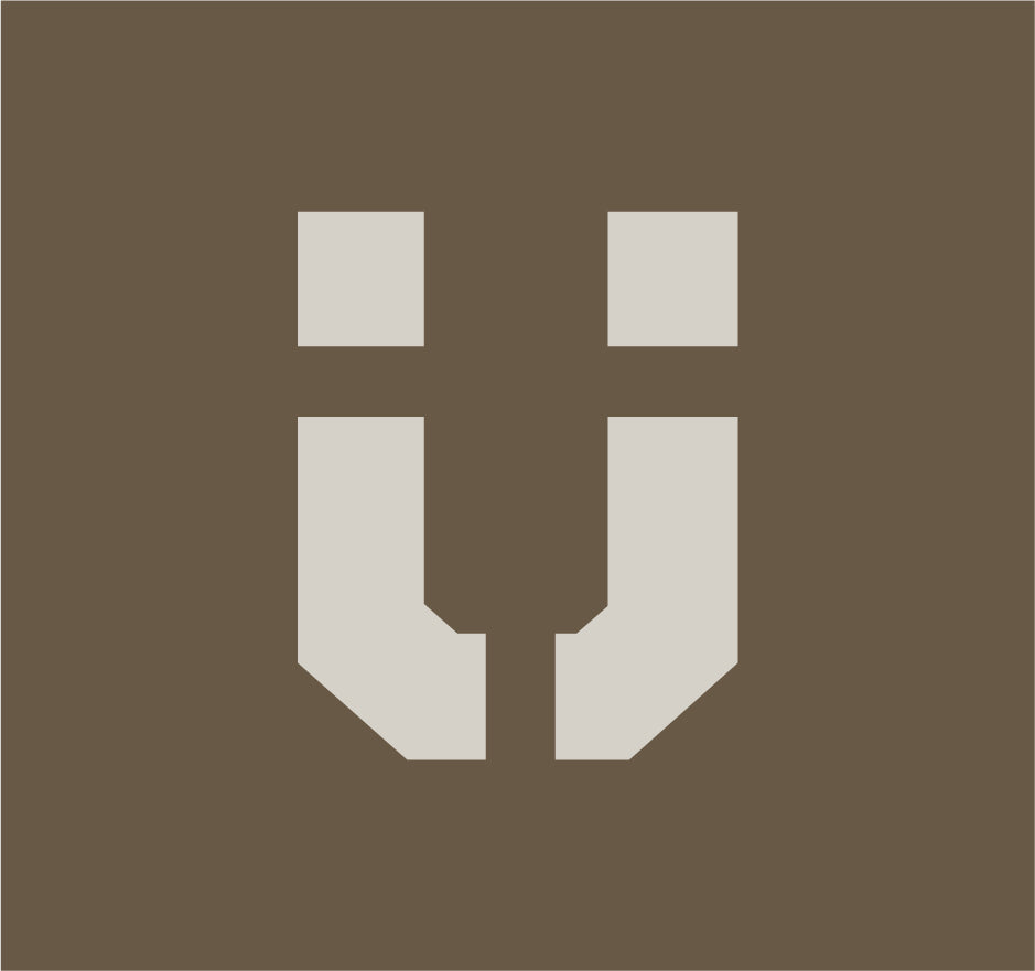 White geometric logo of FLUGN on a brown background