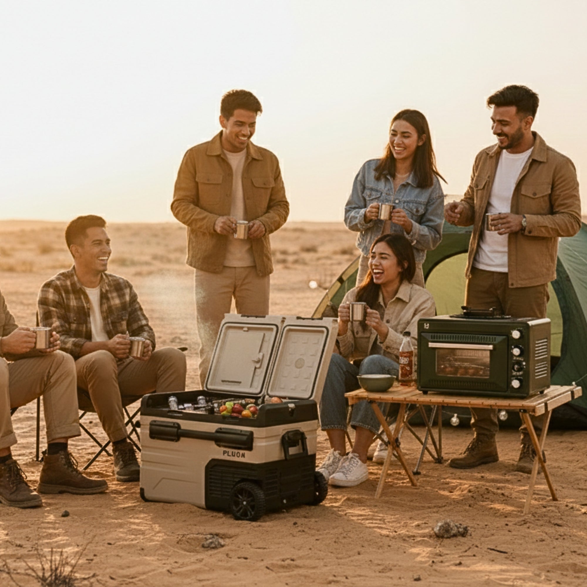 Group of people enjoying a camping trip with coolers and a portable oven in the desert.
