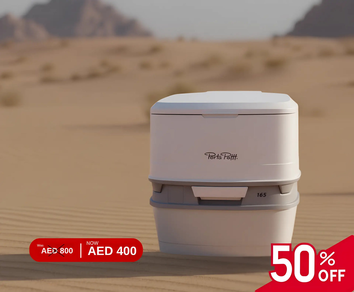 Portable toilet in a desert setting with promotional text overlay