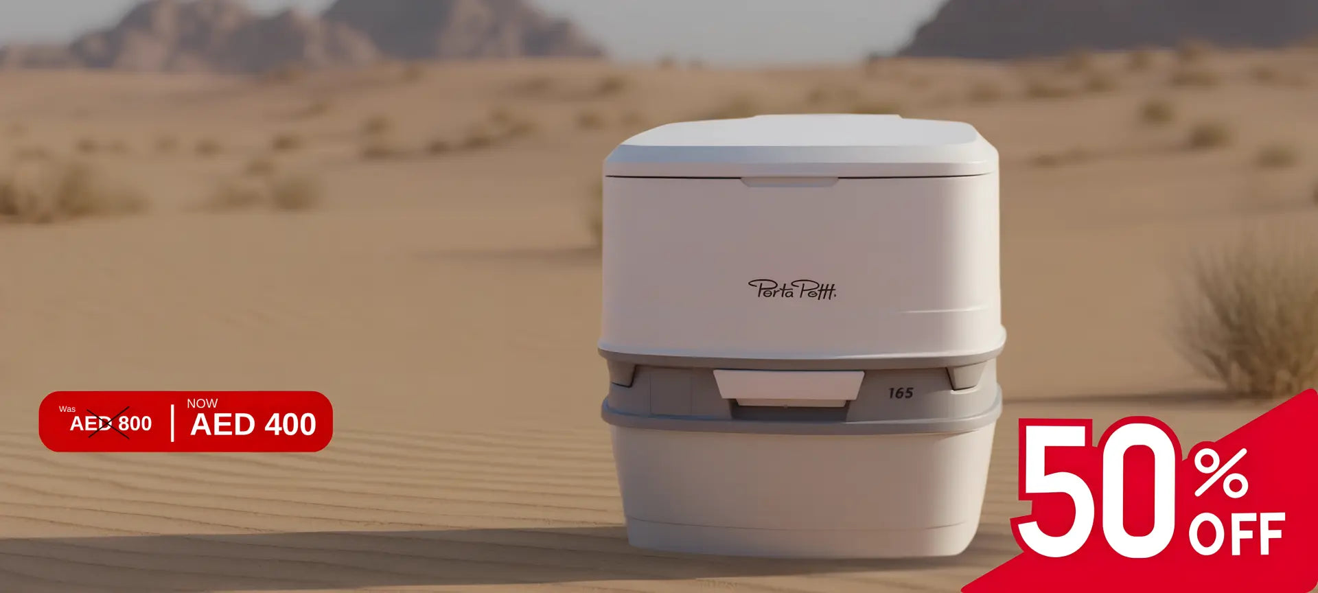 Portable toilet in a desert setting with promotional text overlay