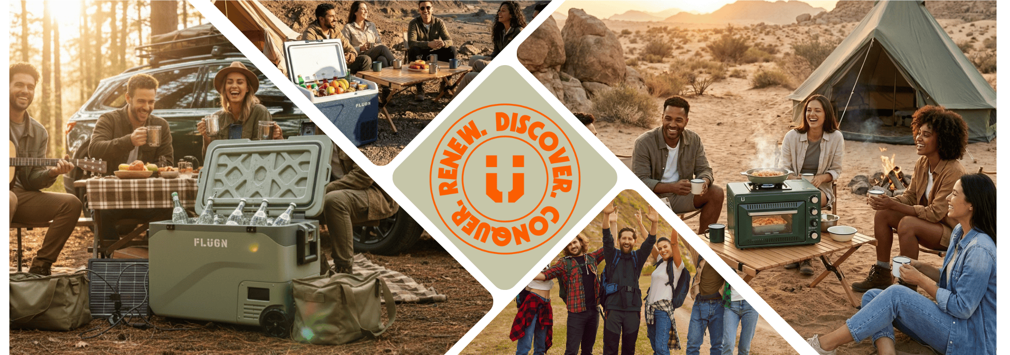 Collage of people enjoying outdoor activities with a 'Fellow, Discover, Conquer' logo.