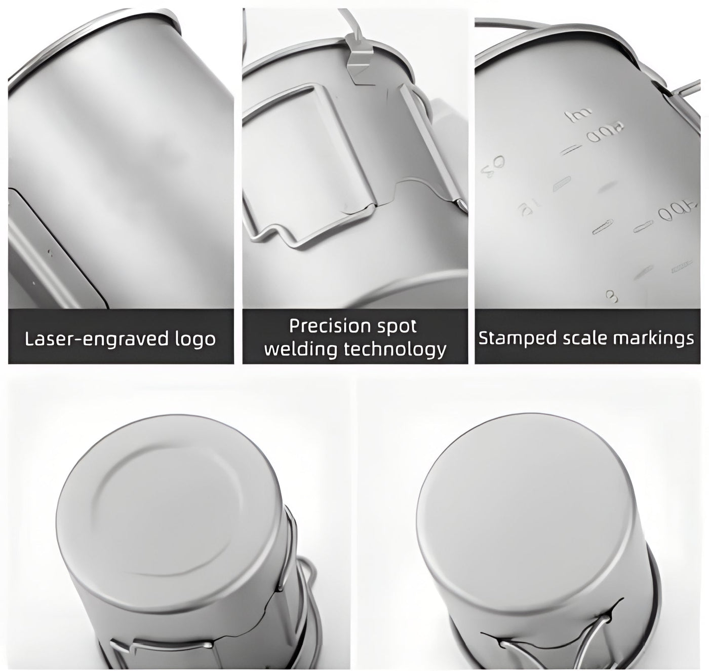 Close-up details of a metallic container with laser-engraved logo, precision spot welding technology, and stamped scale markings.