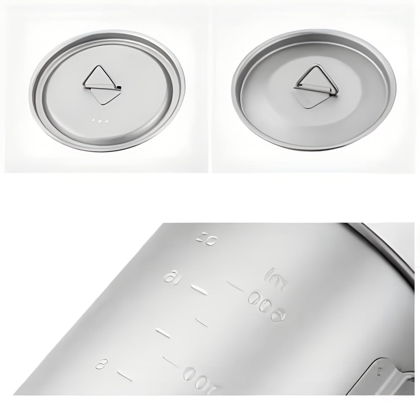 Two metal lids with symbols and a measuring lid on a white background